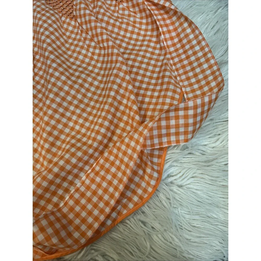 Vintage Gingham Apron Embroidery Orange White Pocket Tie Waist Cottage Core